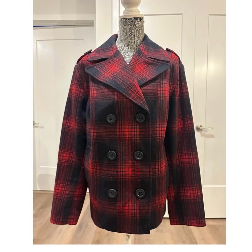 Old Navy Red and Black Plaid Pea Coat